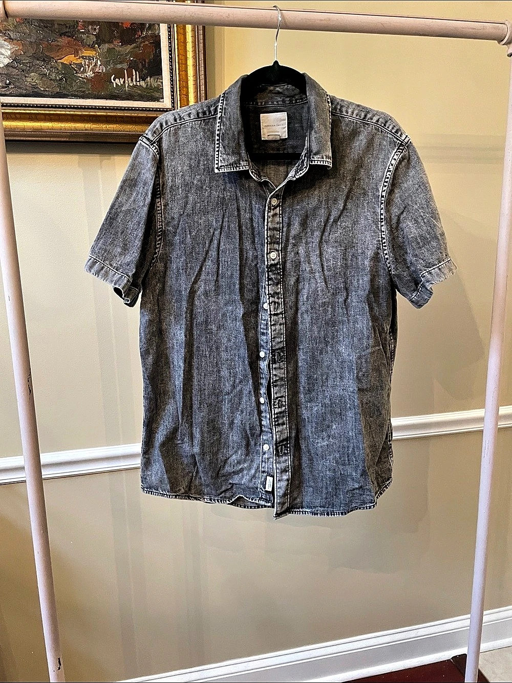American Eagle Short Sleeve Button-Down Shirt in Gray Size Large